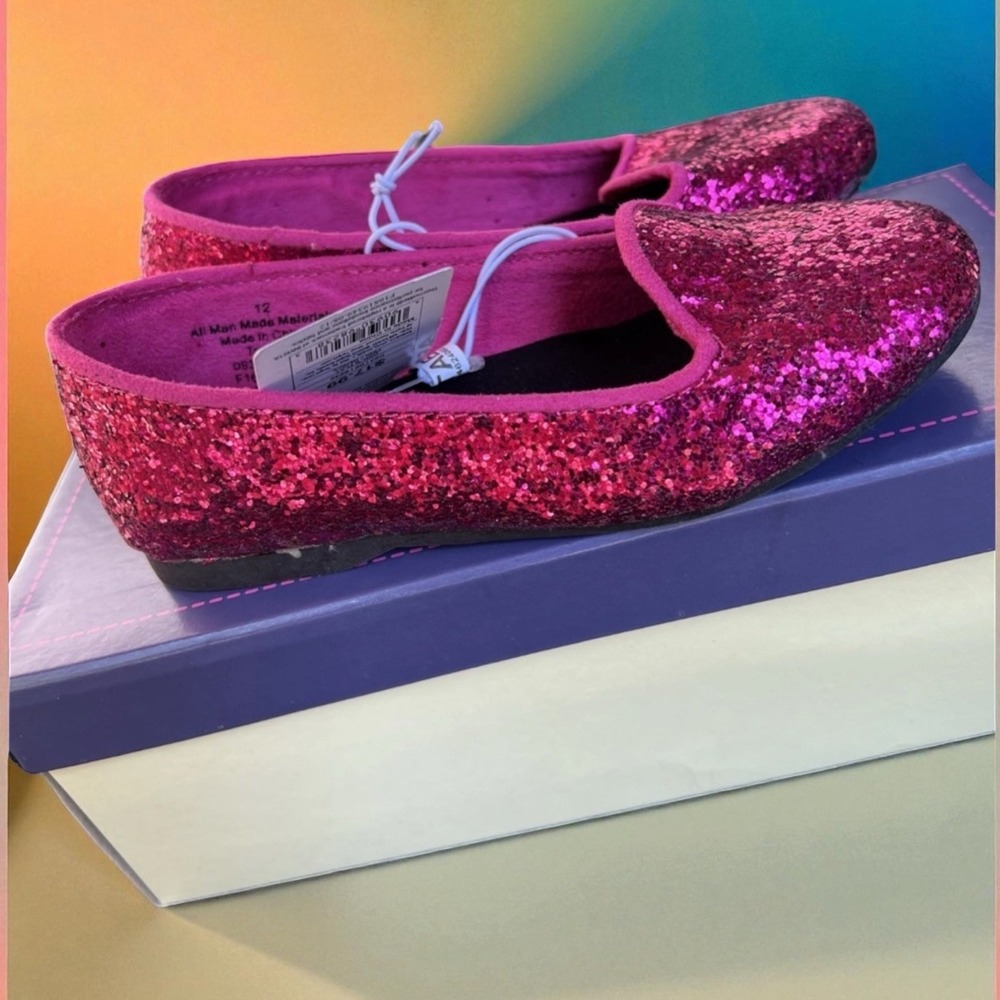 Cherokee Girls Sz 12 Hot Pink Glitter Shoes Party Dress Slip On Ballet Flats NEW